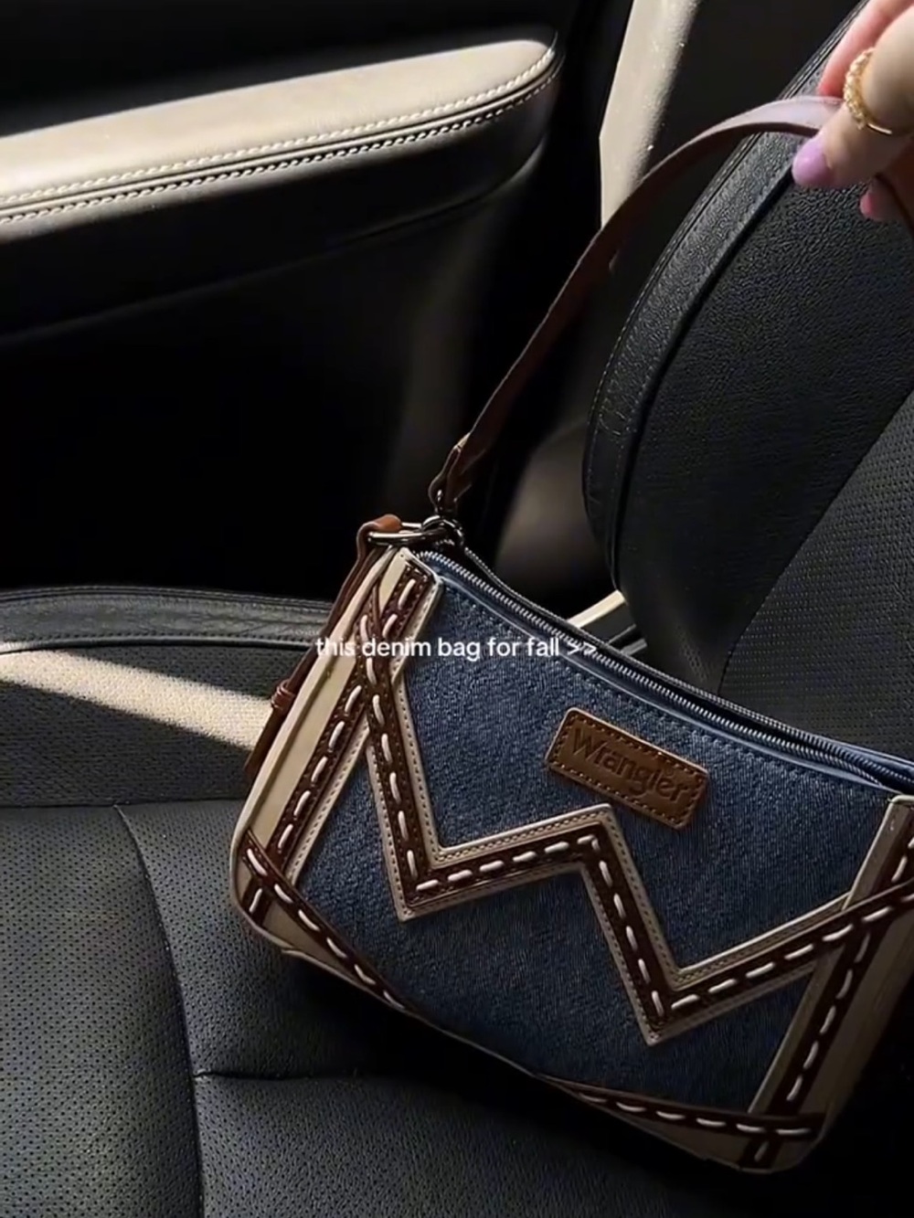 Wrangler Denim Shoulder Bag with Chevron Stitching in Blue and Brown - Picture 3 of 6